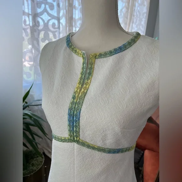 S/M Vintage 60s mod midi dress with green blue detail handmade Gogo dress - Picture 4 of 9